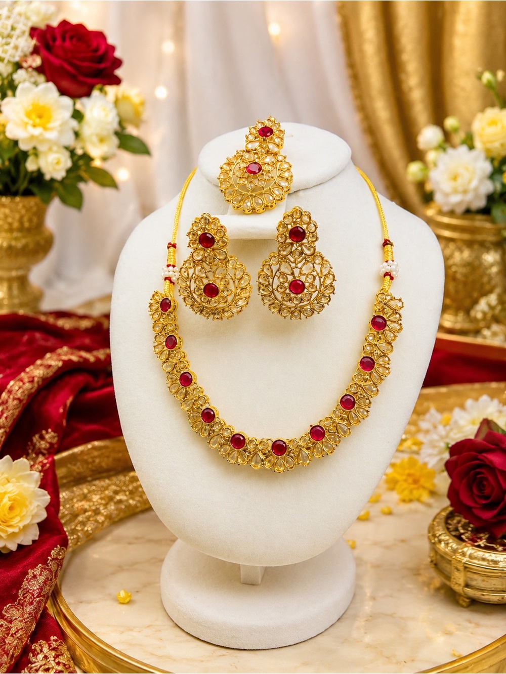 Gold-Tone Red Stone Bridal Necklace Set - Women Jewelry